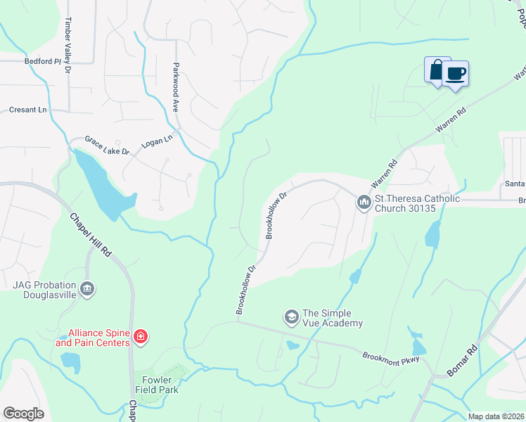 map of restaurants, bars, coffee shops, grocery stores, and more near 5296 Brookhollow Drive in Douglasville