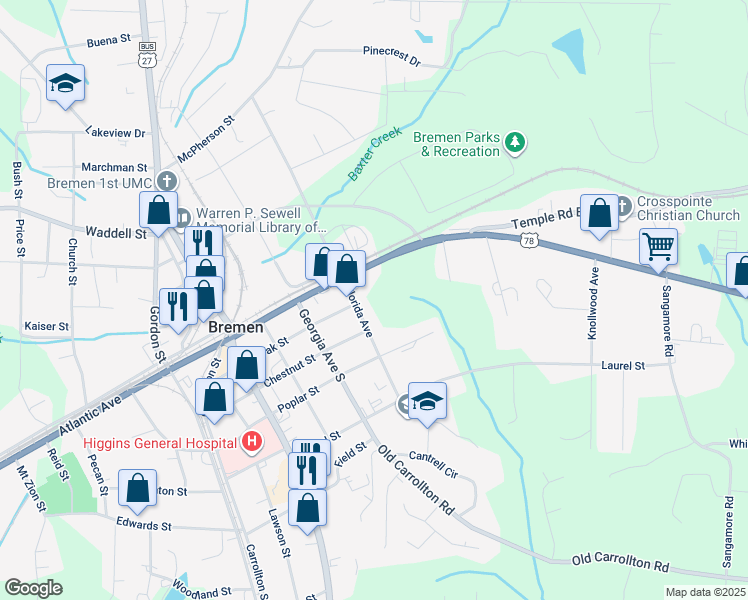 map of restaurants, bars, coffee shops, grocery stores, and more near 110 Florida Avenue in Bremen