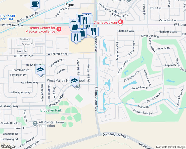 map of restaurants, bars, coffee shops, grocery stores, and more near 3326 Cougar Canyon Road in Hemet