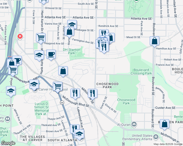 map of restaurants, bars, coffee shops, grocery stores, and more near 1213 Hill Street Southeast in Atlanta
