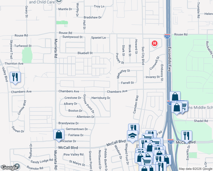 map of restaurants, bars, coffee shops, grocery stores, and more near 26483 Desert Rose Lane in Menifee