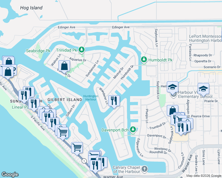 map of restaurants, bars, coffee shops, grocery stores, and more near 3791 Humboldt Drive in Huntington Beach