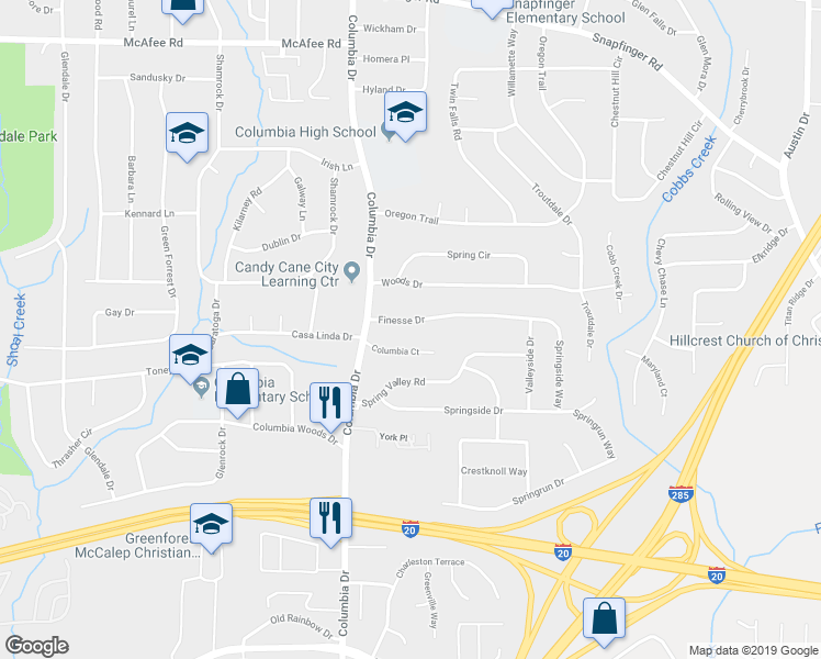 map of restaurants, bars, coffee shops, grocery stores, and more near 3423 Finesse Drive in Decatur