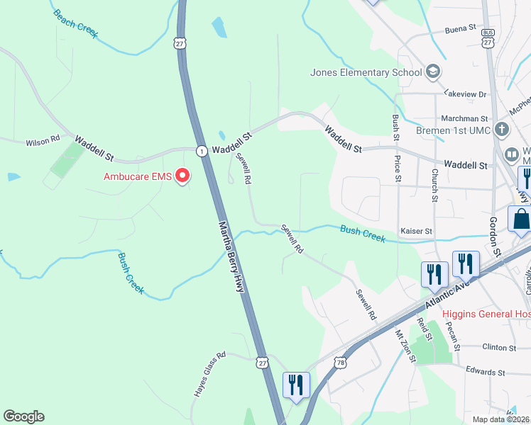 map of restaurants, bars, coffee shops, grocery stores, and more near 331 Sewell Road in Bremen