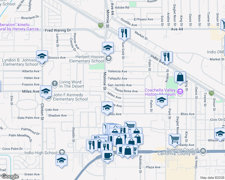 map of restaurants, bars, coffee shops, grocery stores, and more near 82077 Santa Rosa Avenue in Indio