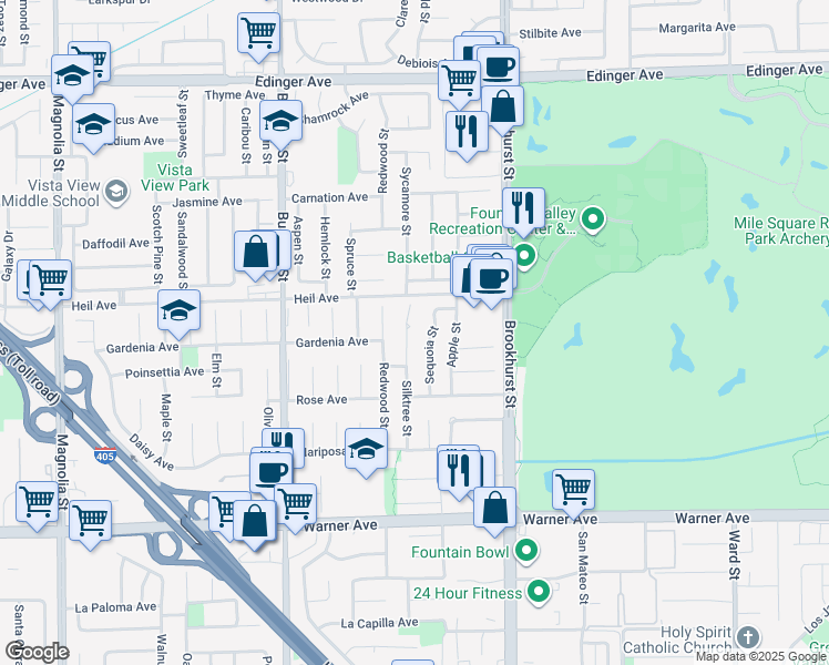 map of restaurants, bars, coffee shops, grocery stores, and more near 16584 Silktree Street in Fountain Valley