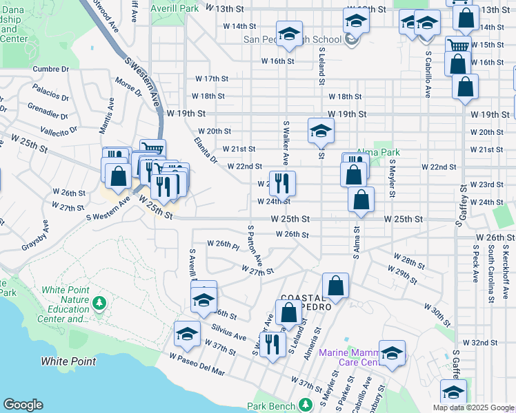 map of restaurants, bars, coffee shops, grocery stores, and more near 1279 West 24th Street in Los Angeles