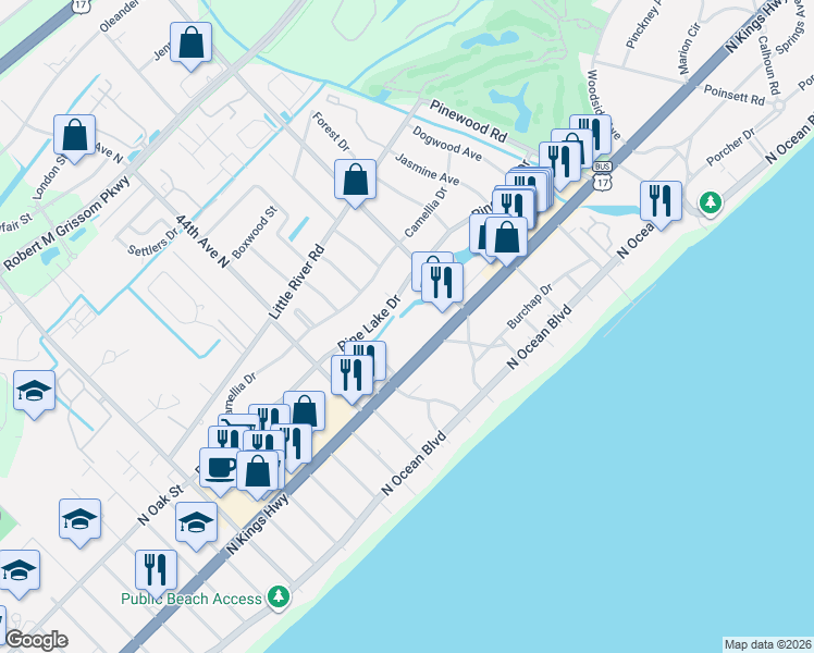 map of restaurants, bars, coffee shops, grocery stores, and more near 45050-B North Kings Highway in Myrtle Beach