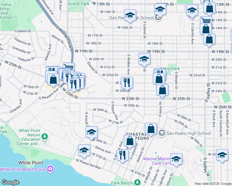 map of restaurants, bars, coffee shops, grocery stores, and more near 1279 West 24th Street in Los Angeles