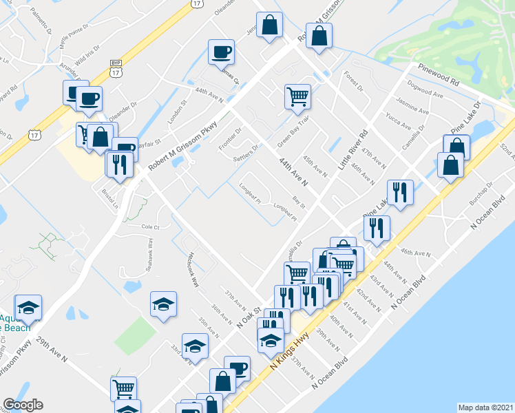 map of restaurants, bars, coffee shops, grocery stores, and more near 3 Longleaf Place in Myrtle Beach