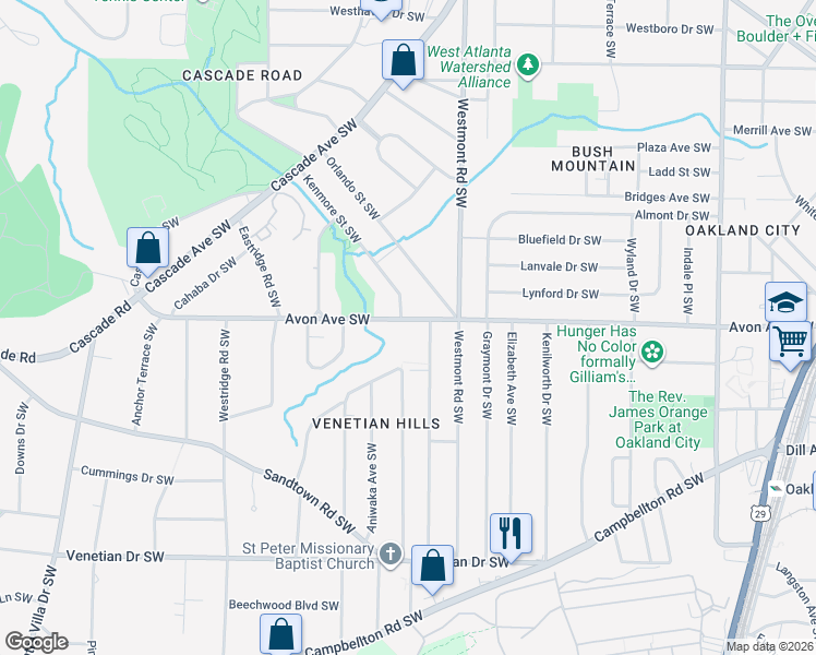 map of restaurants, bars, coffee shops, grocery stores, and more near 1580 Avon Avenue Southwest in Atlanta