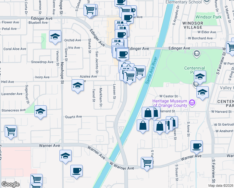 map of restaurants, bars, coffee shops, grocery stores, and more near 16652 Lassen Street in Fountain Valley