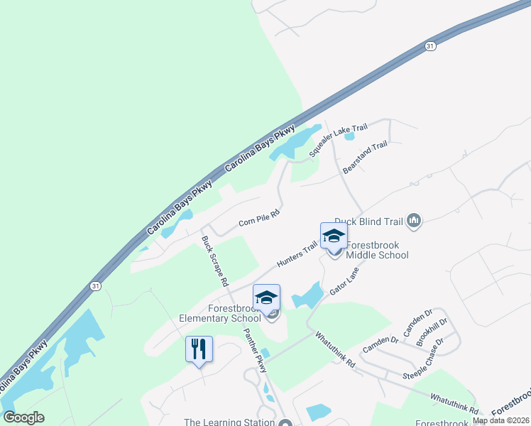 map of restaurants, bars, coffee shops, grocery stores, and more near 2631 Corn Pile Road in Myrtle Beach