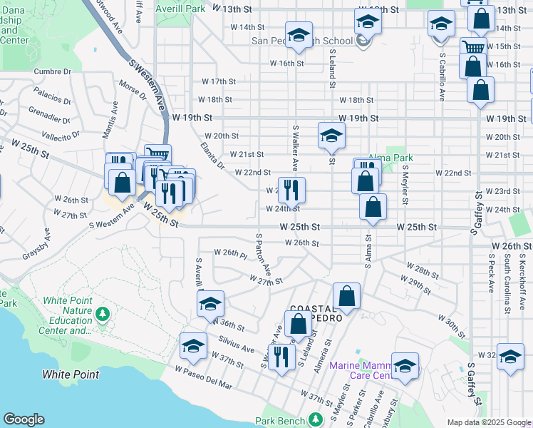 map of restaurants, bars, coffee shops, grocery stores, and more near 1261 West 25th Street in Los Angeles