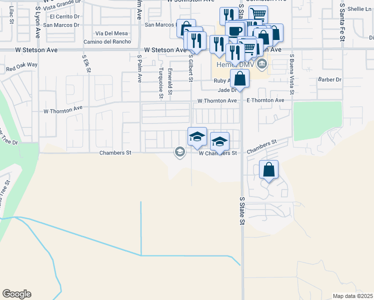 map of restaurants, bars, coffee shops, grocery stores, and more near 521 Bermuda Drive in Hemet