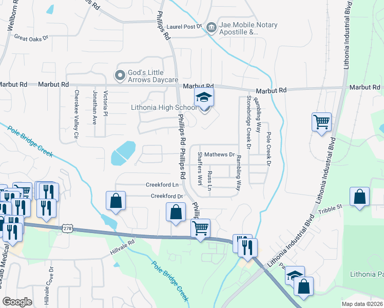 map of restaurants, bars, coffee shops, grocery stores, and more near 6306 Stonebridge Creek Lane in Lithonia