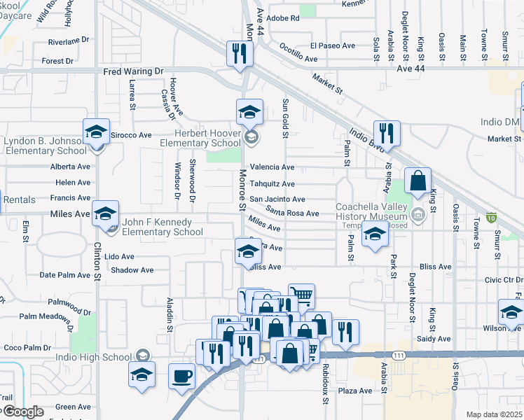 map of restaurants, bars, coffee shops, grocery stores, and more near 82077 Santa Rosa Avenue in Indio