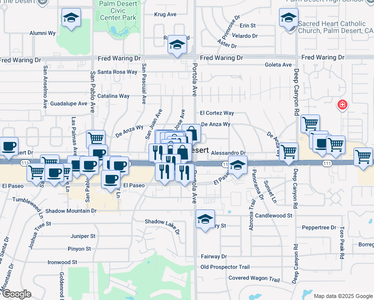 map of restaurants, bars, coffee shops, grocery stores, and more near 75270 Buckley Drive in Palm Desert