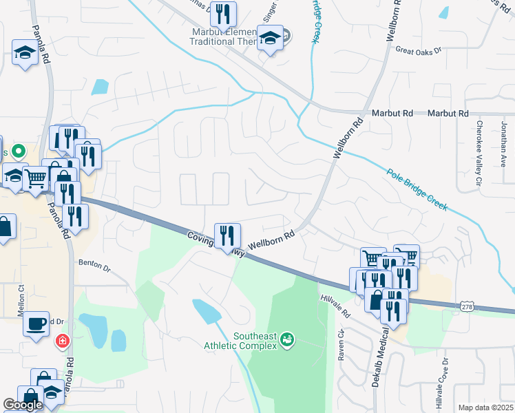 map of restaurants, bars, coffee shops, grocery stores, and more near 5655 Windfall Lane in Lithonia