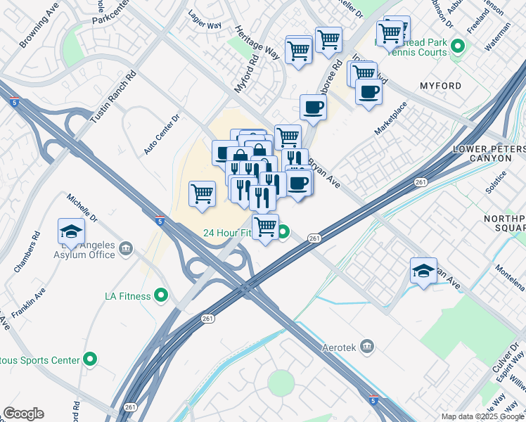 map of restaurants, bars, coffee shops, grocery stores, and more near Jamboree Rd & El Camino Real in Tustin