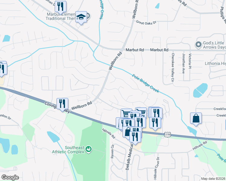 map of restaurants, bars, coffee shops, grocery stores, and more near 2232 Hightrail Court in Lithonia