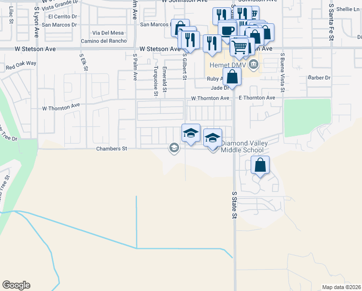 map of restaurants, bars, coffee shops, grocery stores, and more near 521 Bermuda Drive in Hemet