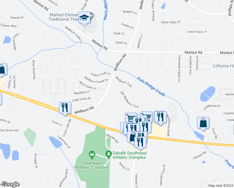 map of restaurants, bars, coffee shops, grocery stores, and more near 5883 Old Wellborn Trce in Lithonia