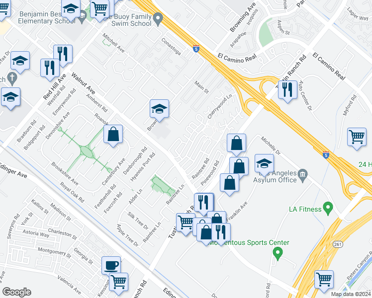 map of restaurants, bars, coffee shops, grocery stores, and more near 14411 Cherrywood Lane in Tustin