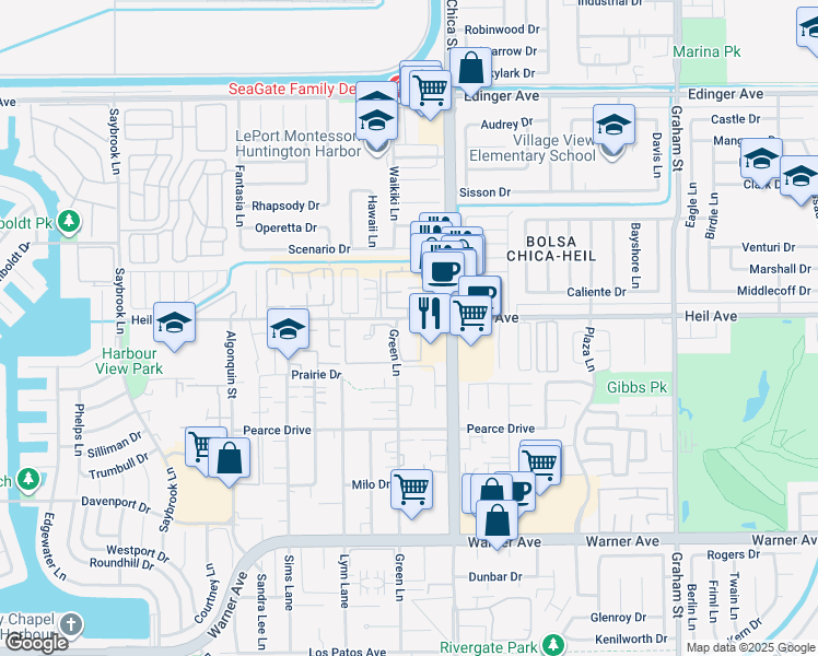 map of restaurants, bars, coffee shops, grocery stores, and more near 16521 Grunion Lane in Huntington Beach