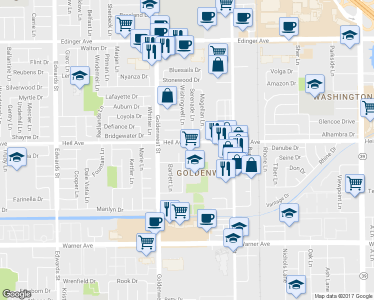 map of restaurants, bars, coffee shops, grocery stores, and more near 16531 Sabot Lane in Huntington Beach