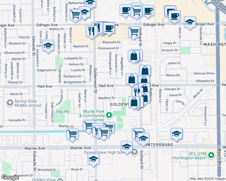 map of restaurants, bars, coffee shops, grocery stores, and more near 16531 Sabot Lane in Huntington Beach