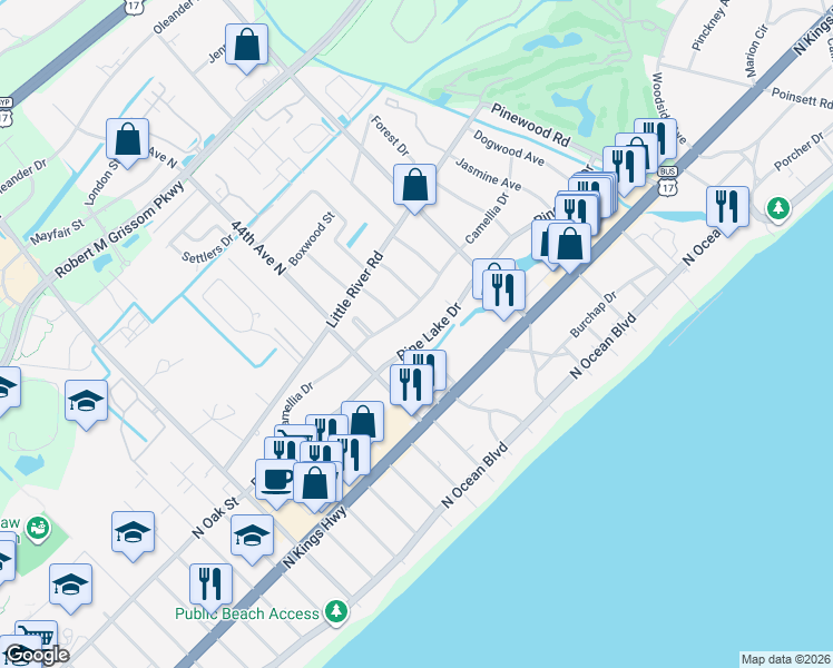 map of restaurants, bars, coffee shops, grocery stores, and more near 4504 Camellia Drive in Myrtle Beach