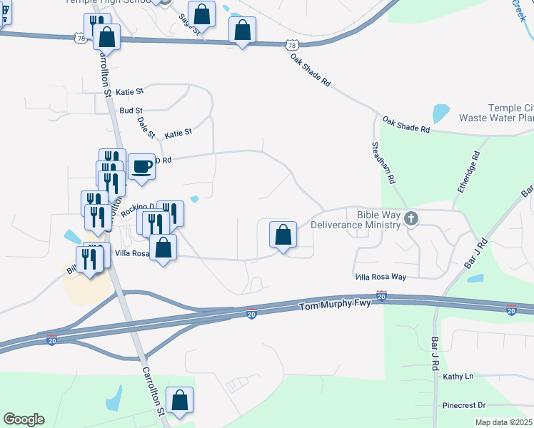 map of restaurants, bars, coffee shops, grocery stores, and more near 240 Hunt Club Circle in Temple