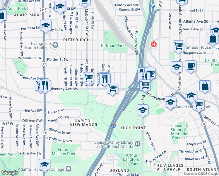 map of restaurants, bars, coffee shops, grocery stores, and more near 311 University Avenue Southwest in Atlanta