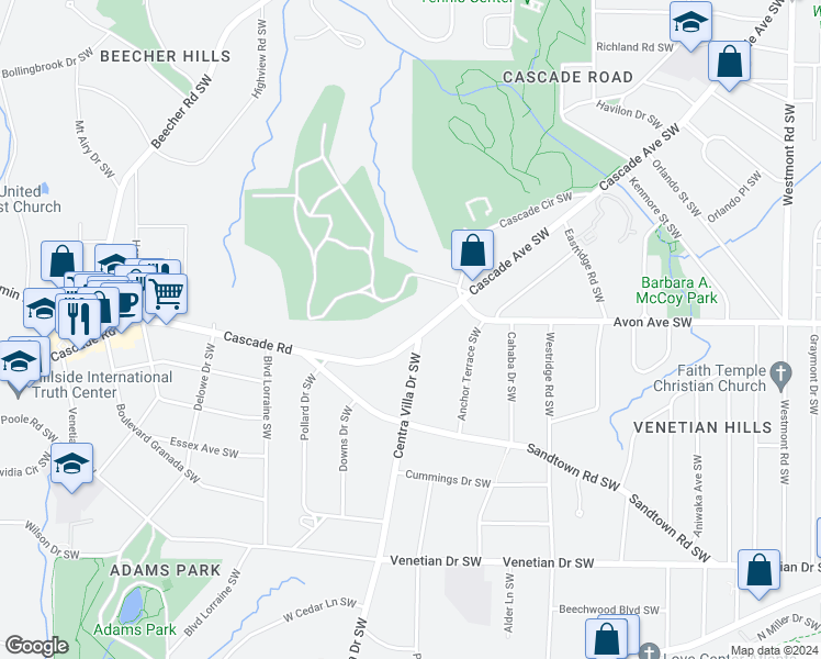 map of restaurants, bars, coffee shops, grocery stores, and more near 1971 Cascade Road Southwest in Atlanta