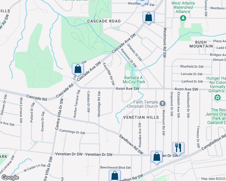 map of restaurants, bars, coffee shops, grocery stores, and more near 1201 Eastridge Road Southwest in Atlanta