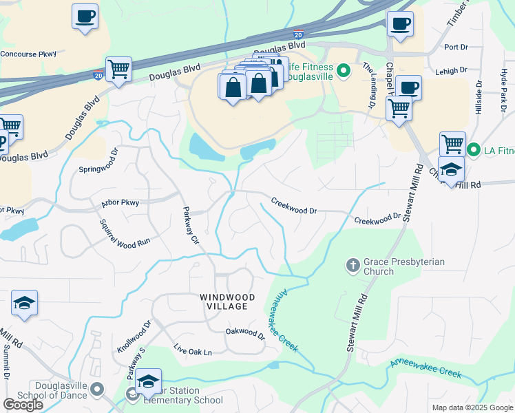 map of restaurants, bars, coffee shops, grocery stores, and more near 8607 Wood Springs Court in Douglasville
