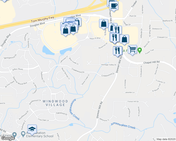 map of restaurants, bars, coffee shops, grocery stores, and more near 6845 Creekwood Drive in Douglasville