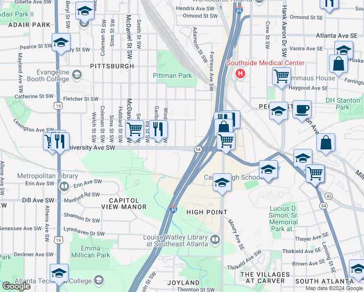 map of restaurants, bars, coffee shops, grocery stores, and more near 1195 Moton Avenue Southwest in Atlanta