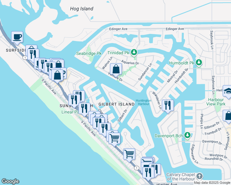 map of restaurants, bars, coffee shops, grocery stores, and more near 3492 Venture Drive in Huntington Beach