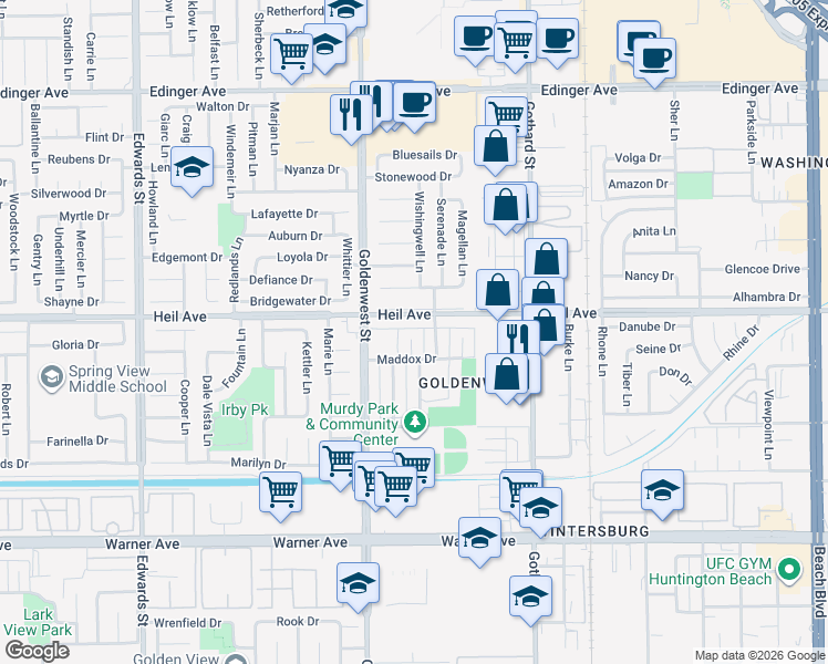 map of restaurants, bars, coffee shops, grocery stores, and more near 16532 Kellog Circle in Huntington Beach