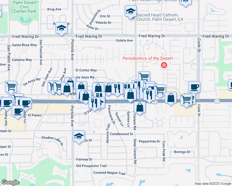 map of restaurants, bars, coffee shops, grocery stores, and more near 74451 De Anza Way in Palm Desert