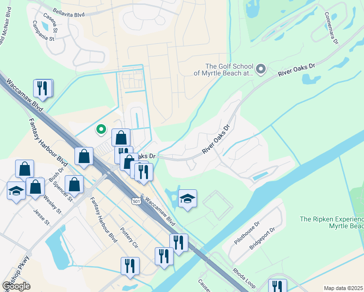map of restaurants, bars, coffee shops, grocery stores, and more near 497 White River Drive in Myrtle Beach
