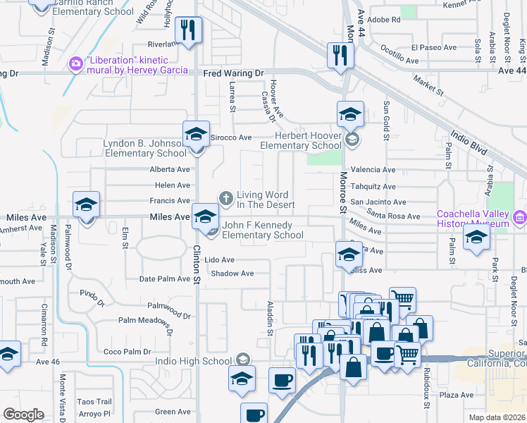 map of restaurants, bars, coffee shops, grocery stores, and more near 81763 Drawbridge Street in Indio