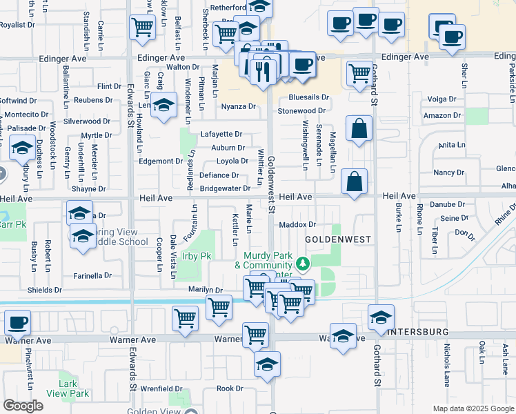 map of restaurants, bars, coffee shops, grocery stores, and more near 6922 Bridgewater Drive in Huntington Beach