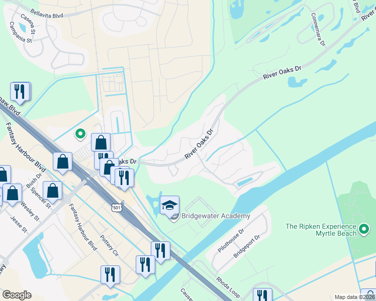 map of restaurants, bars, coffee shops, grocery stores, and more near 514 White River Drive in Myrtle Beach