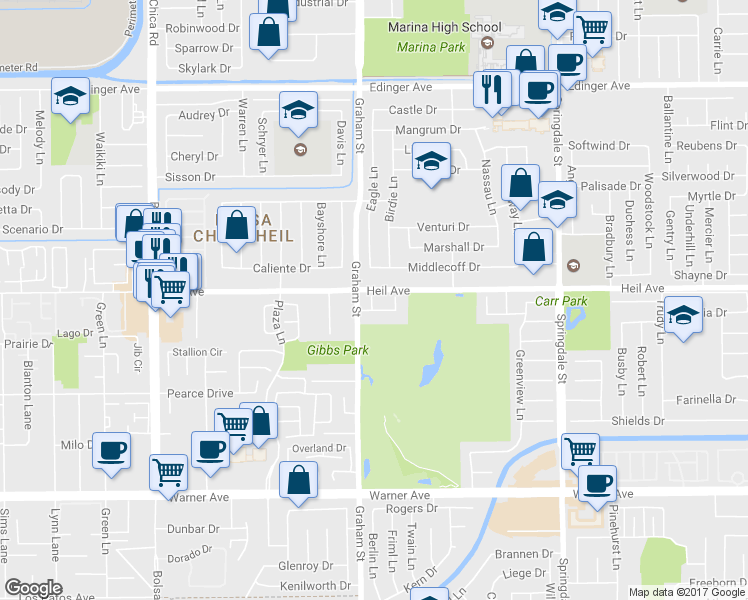 map of restaurants, bars, coffee shops, grocery stores, and more near 5521 Heil Avenue in Fountain Valley