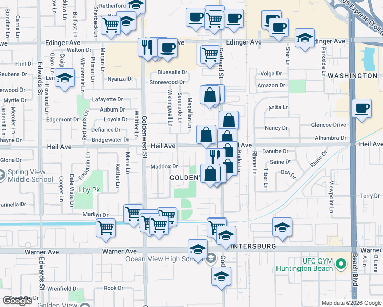 map of restaurants, bars, coffee shops, grocery stores, and more near 16532 Delton Circle in Huntington Beach