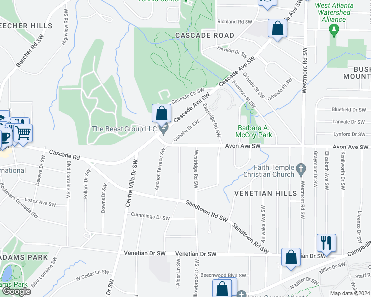map of restaurants, bars, coffee shops, grocery stores, and more near 1834 Avon Avenue Southwest in Atlanta