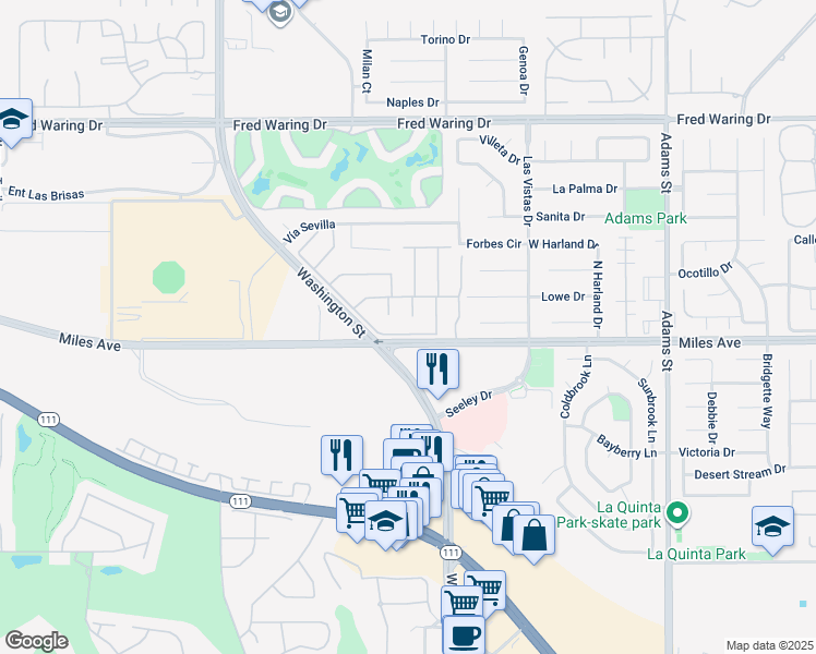 map of restaurants, bars, coffee shops, grocery stores, and more near 78440 Vía Pavion in La Quinta